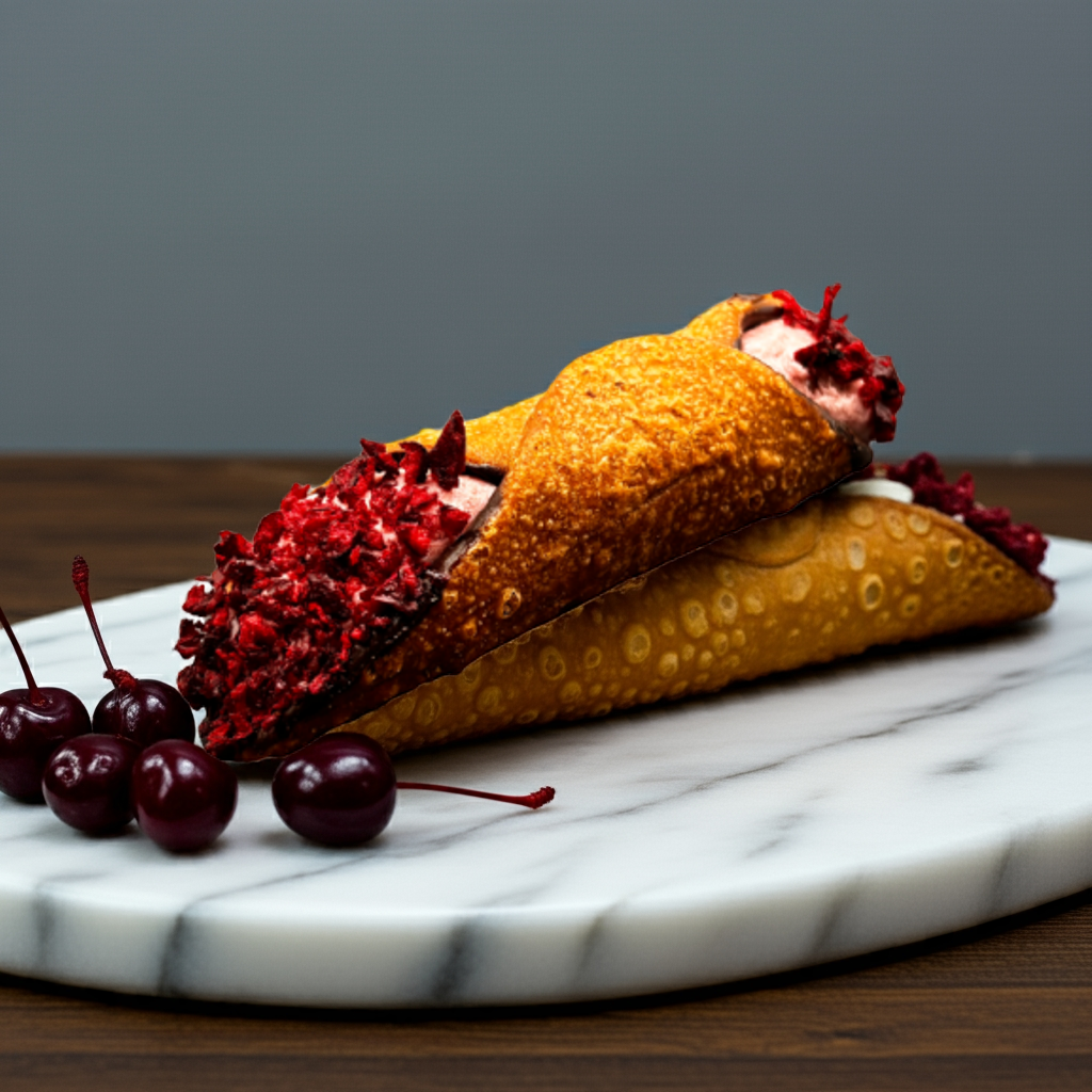 Heerlijke Cannoli Amarena - Kers van Holy Cannoli, ambachtelijk gevuld met romige Amarena kers-vulling, perfect voor bij je koffie.